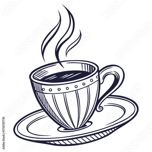 A hand drawn sketch of a steaming cup of coffee or tea on a saucer with a decorative patterned rim and vertical stripes on the cup