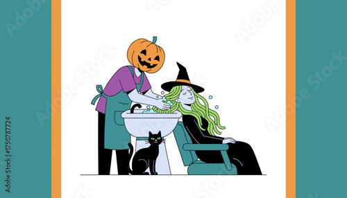 Halloween salon fun Witch getting hair washed by pumpkinheaded stylist with a black cat