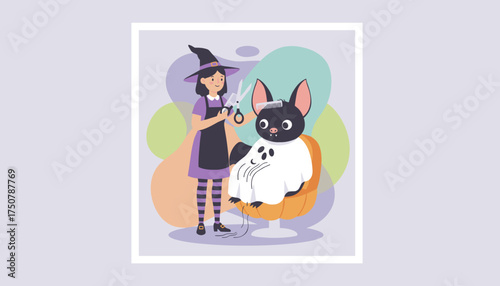 Whimsical witch stylist gives a cute bat ghost a Halloween haircut in a fun salon scene