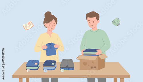 Couple sorting clothes for donation or resale promoting sustainable lifestyle and charity