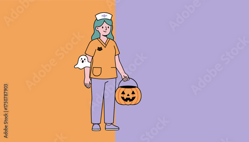 Nurse in Halloween scrubs with ghost and pumpkin bucket ready for trickortreating fun
