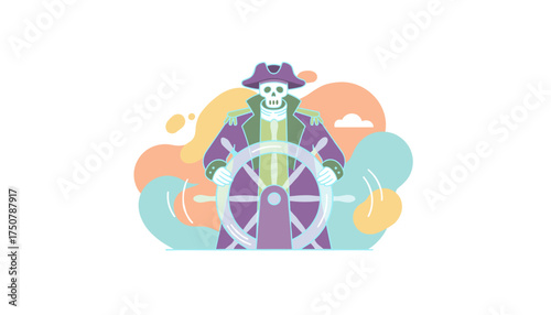 A skeleton pirate captain steers a ship symbolizing leadership adventure and journey