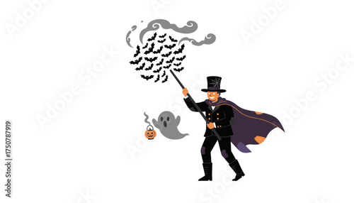 Magicianlike character ghost and pumpkin lantern summoning bats for spooky Halloween