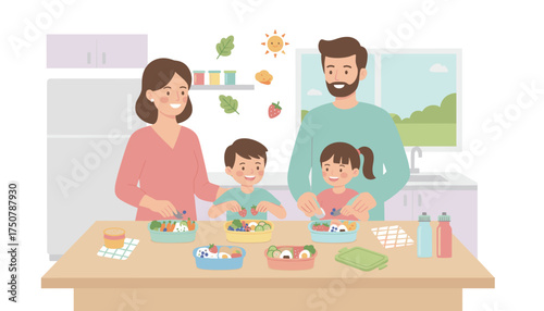 Happy family prepares healthy school lunchboxes together in the kitchen promoting nutritious eating