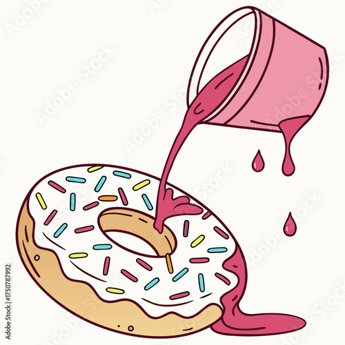 A whimsical illustration of a white iced donut with colorful sprinkles being drizzled with pink frosting from a tilted cup creating a sweet and playful visual