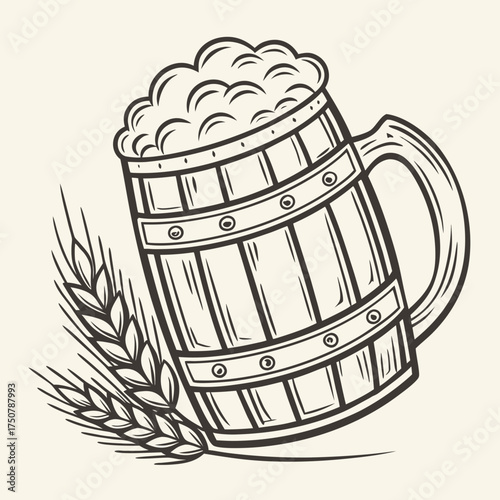 A vintage wooden beer mug overflowing with foamy beer sits next to a sprig of barley rendered in a classic black and white line art style on a cream background
