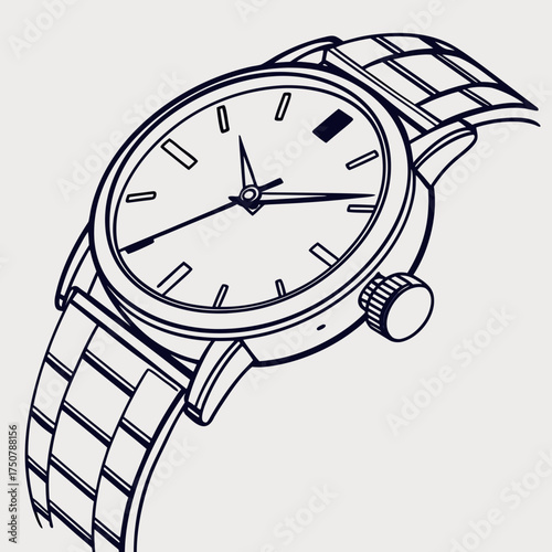 Elegant line art illustration of a classic wristwatch with a metal bracelet and clean dial showcasing timeless design and precision