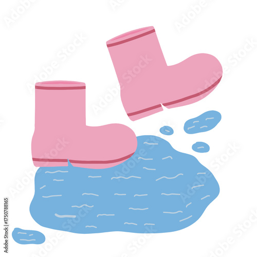 Pink rain boots splashing in puddle vector illustration. Hand drawn enjoying rainy day concept with rubber boots icon