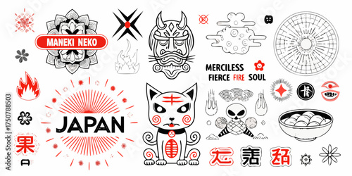 Collection of japanese inspired graphic elements including maneki neko cat demon mask fire and calligraphy