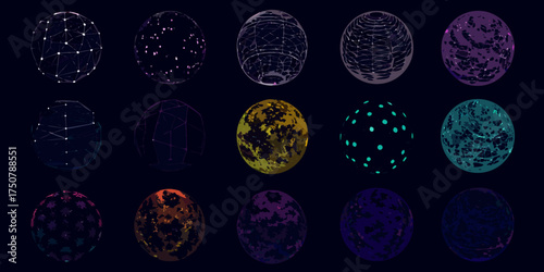 Collection of abstract digital spheres with geometric patterns and textured surfaces on a dark background