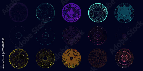 Collection of fifteen abstract digital spheres and circular patterns in various colors and textures against a dark background