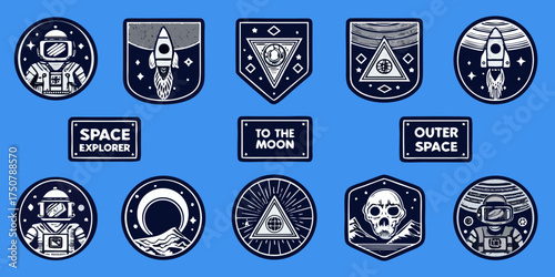 Collection of space exploration themed badges and icons featuring astronauts rockets planets and celestial elements