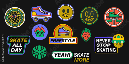 Collection of vibrant and fun roller skating themed stickers and icons with playful designs and motivational text