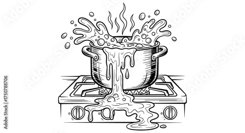 Boiling pot overflowing on stove in black and white sketch style