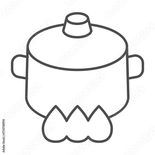 Saucepan on the fire, gas thin line icon, cooking food concept. Vector graphics. Kitchen saucepan sign on white background, outline style icon for mobile or web design.