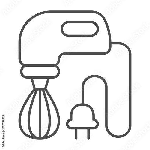 Handheld mixer and cord with electric plug thin line icon, kitchen concept. Vector graphics. Mixer sign on white background, outline style icon for mobile or web design.
