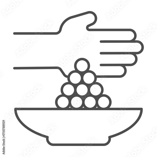 Hand with peas and plate thin line icon, cooking concept. Vector graphics. Spices sign on white background, outline style icon for mobile or web design.
