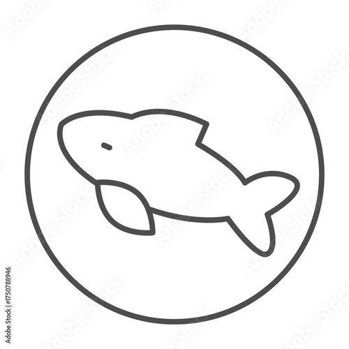 Ceramic plate with fish inside thin line icon, cooking concept. Vector graphics. Food sign on white background, outline style icon for mobile or web design.