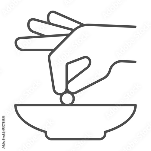 Hand with additive, seasoning and plate thin line icon, cooking concept. Vector graphics. Spices sign on white background, outline style icon for mobile or web design.