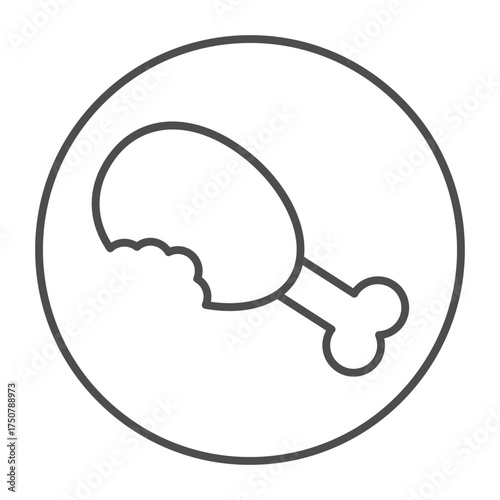 Ceramic plate with fried chicken leg thin line icon, cooking concept. Vector graphics. Poultry food sign on white background, outline style icon for mobile or web design.