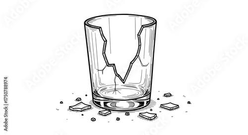 Broken drinking glass with shards in black and white sketch style