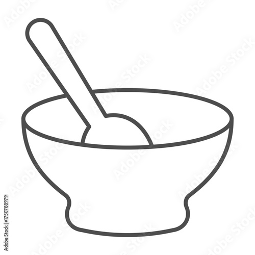 Ceramic plate with spoon inside thin line icon, cooking concept. Vector graphics. Food sign on white background, outline style icon for mobile or web design.
