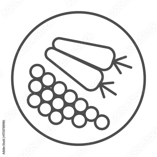 Plate with two carrots and peas thin line icon, vegetables concept. Vector graphics. Food sign on white background, outline style icon for mobile or web design.