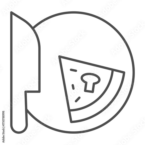 Plate with slice of pizza and knife thin line icon, cooking food concept. Vector graphics. Pizza sign on white background, outline style icon for mobile or web design.