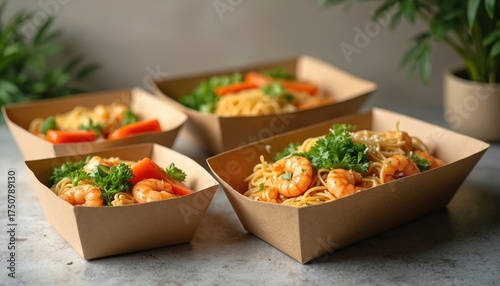 Four take-out food boxes filled with shrimp pasta and vegetables. Eco friendly kraft paper containers for meals ready for delivery. Healthy food serving options.