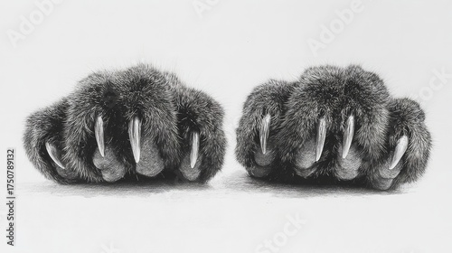 Closeup of furry cat paws with sharp claws isolated on white background, showcasing the detail of the fur