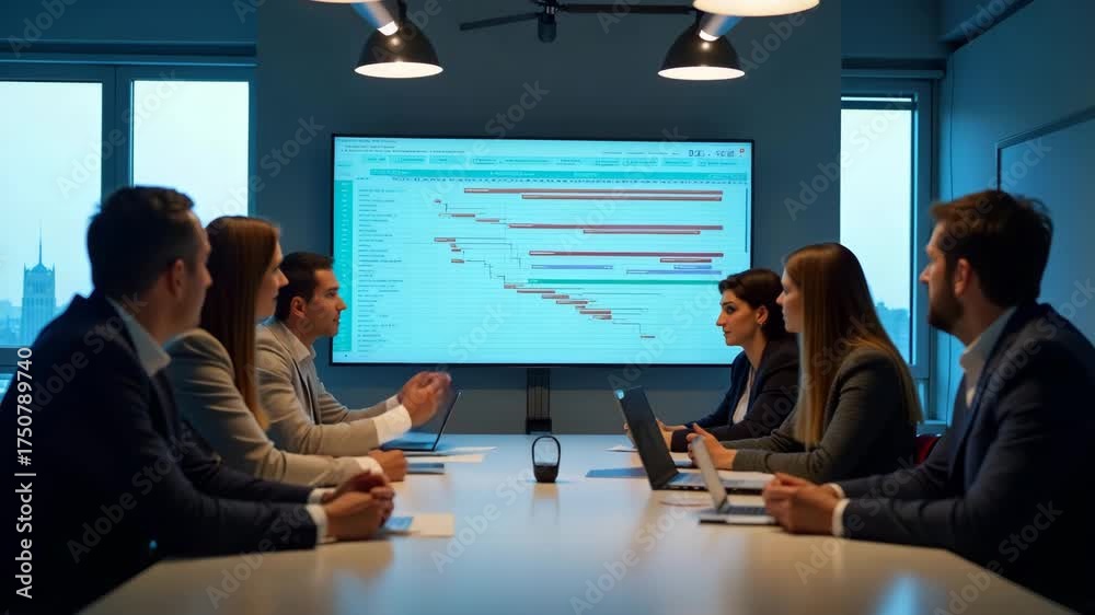 Objective Program Room Cross?functional group convenes in modern conference room analyzing ...