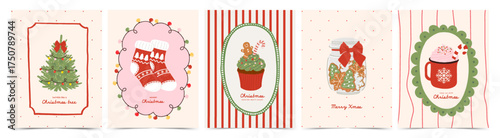 Merry Christmas vintage greeting cards with Christmas tree, socks, gingerbread cookies, cupcake, red mug of cocoa. Trendy doodle hand drawn Xmas poster, cover, invitation