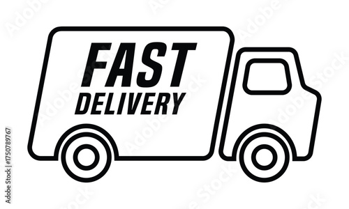 A minimalist black outline vector icon of a delivery truck or cargo van moving to the right. The design features thick, clean lines. The bold capital word "fast delivery" is clearly display.
