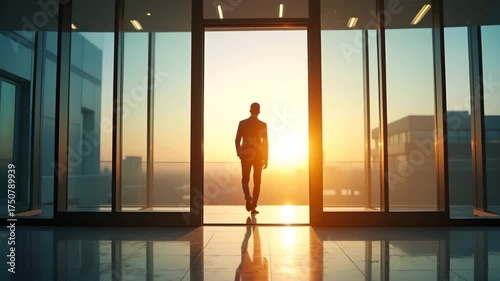 Fresh stock image of a confident professional stepping through an open door into a glass?walled office suite at dawn symbolizing new career start and fresh beginnings in  Photo Stock  Concept  and emp
