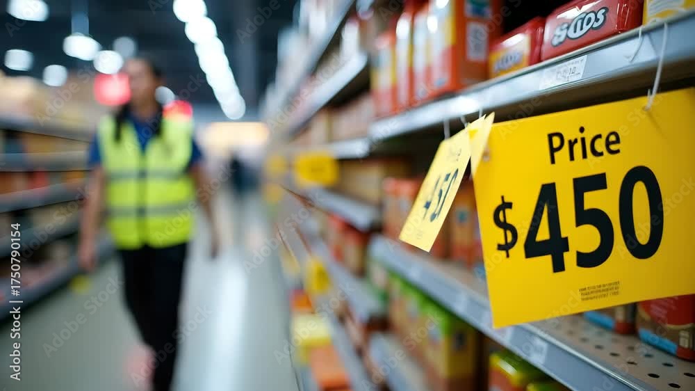 Store Price Tag Inflation Retailers updating shelf tags displaying product price increase notices ...
