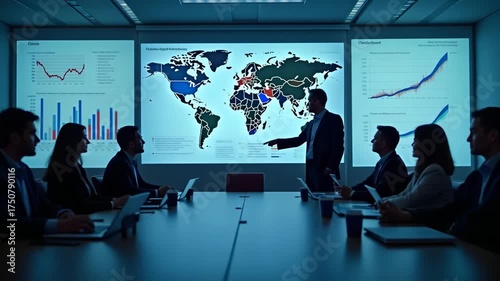 Analysis of global export policy impact on domestic manufacturing shown through charts and stakeholder discussion in corporate boardroom emphasizing regulatory changes and economic implications in  Ph
