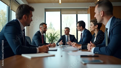 Government ministers discussing national trade policy reforms drafting legislation in conference room setting emphasizing economic growth and regulatory compliance in  Photo Stock  Concept  and empty 