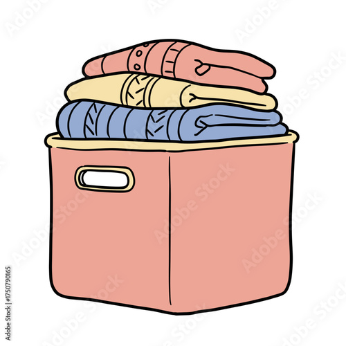 Folded sweaters in fabric bin with bright colors and soft textures  