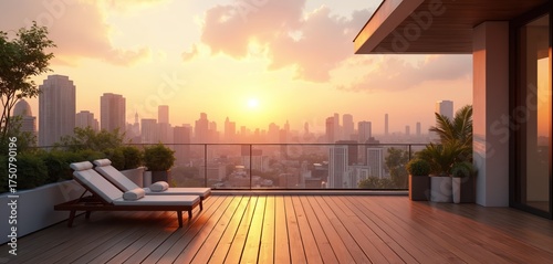 Modern balcony with lounge chairs overlooks city skyline at sunset. Wooden deck offers view of skyscrapers and golden sky. Perfect for luxury living and urban relaxation scenes.