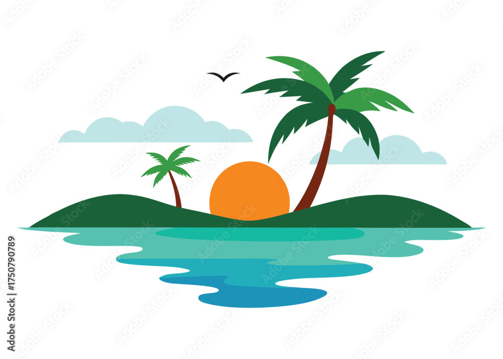 Fototapeta premium Sunset on Tropical Island Vector Illustration