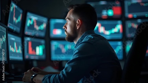 Portrait of stressed trader looking shocked at multiple trading monitors showing abrupt market sell offs and margin call warnings on glowing screens in  Photo Stock  Concept  and empty space on the le