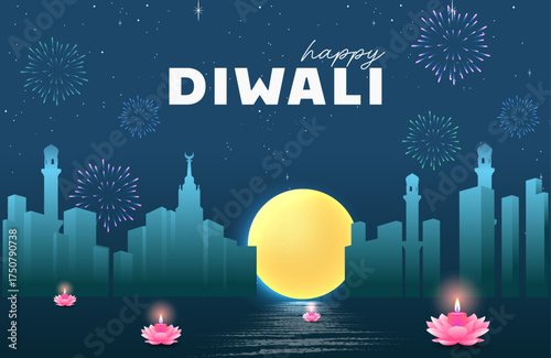 Happy Diwali Poster with Diya Lamp and Peacock Vector Illustration. Indian festival of lights Design. Suitable for Greeting Card, Banner, Flyer, Template.