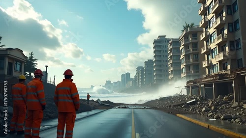 Emergency response teams surveying coastal city destruction following earthquake triggered tsunami waves sweeping streets and damaging infrastructure under chaotic skies in  Photo Stock  Concept  and 
