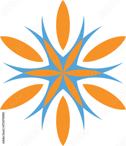 Abstract Floral Design with Geometric Petals in Blue and Orange on White Background for Modern Art