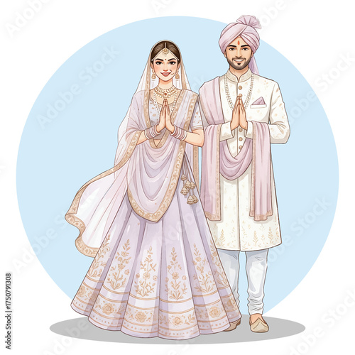 Elegant Indian Bride and Groom Greeting Pose Illustration