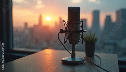 Pro microphone on wooden desk near window with city view at sunset. Small potted plant beside mic. Modern office or home recording studio setup with urban landscape.