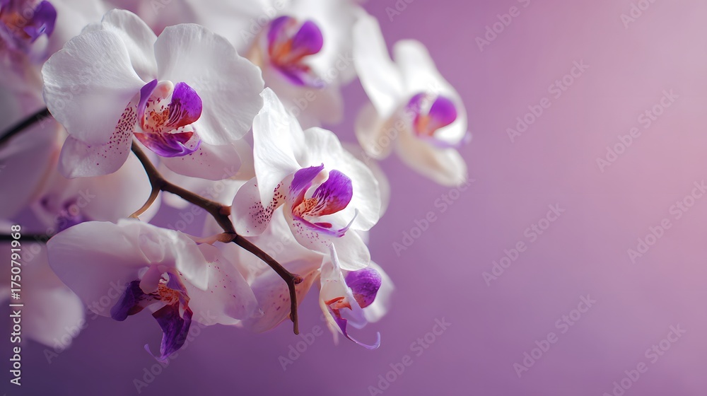 Naklejka premium Delicate white orchids with purple centers bloom vibrantly.
