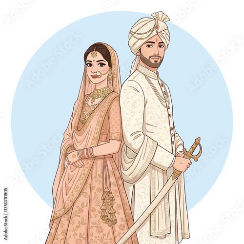 Royal Indian bride and groom in traditional wedding attire holding sword illustration