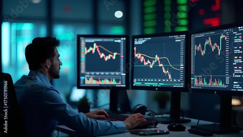 Professional trader analyzing bearish market trend on multiple monitors displaying falling stock indices candlestick patterns and volume indicators in modern trading floor in  Photo Stock  Concept  an