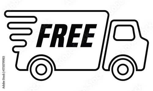 A minimalist black outline vector icon of a delivery truck or cargo van moving to the right. The design features thick, clean lines. The bold capital word "FREE" is clearly display.